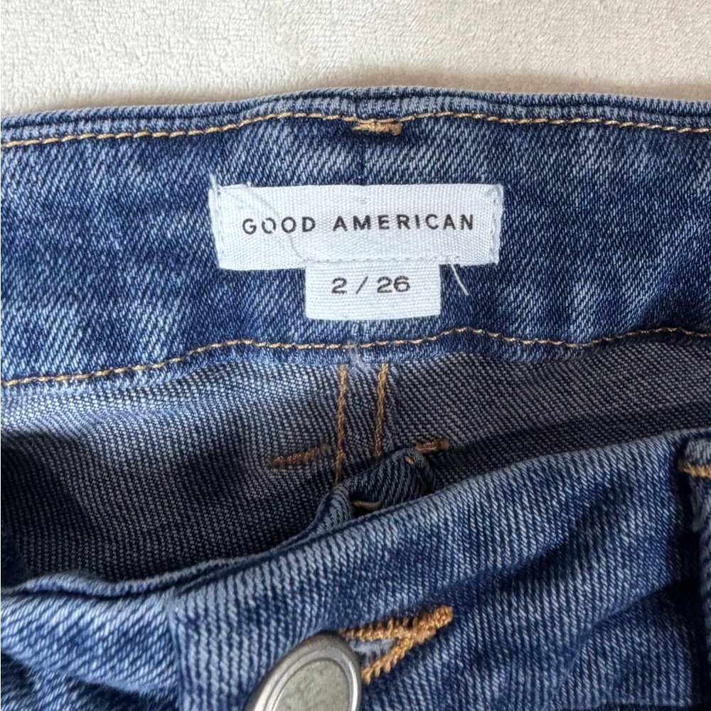 Good American Size 2 / 26 Distressed Hem Slim Dark Blue Ankle Jeans - Picture 2 of 10
